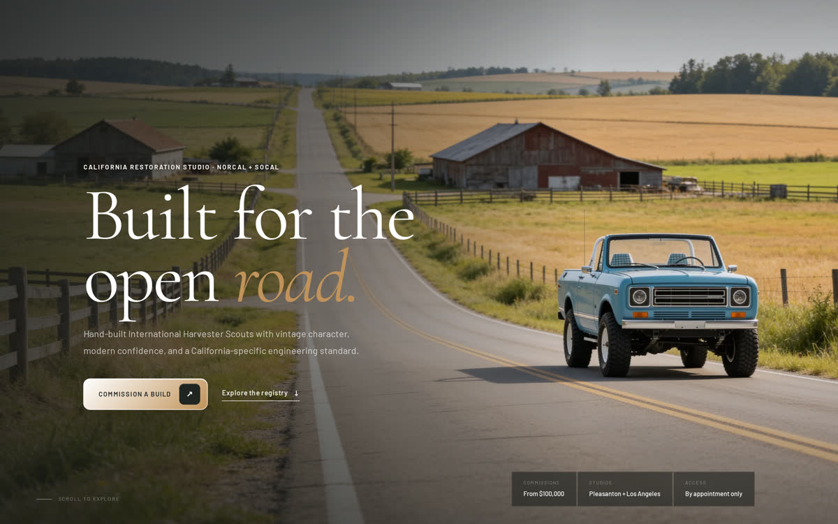 The rebuild: an editorial layout with a serif headline, a commission call to action, and a specification bar
